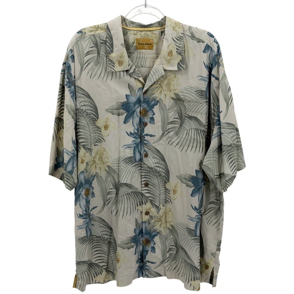 Tommy Bahama Shirt Mens XXL Beige Tropical Floral Button Up Hawaiian Summer